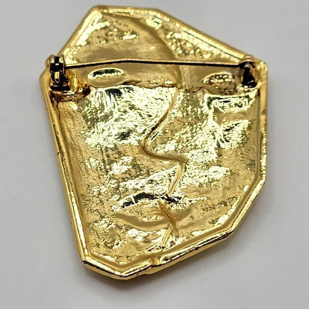 The Kissing Faces Brooch Modernist Two Faced Gold Tone Pin Expression of Love 2" - Picture 2 of 3
